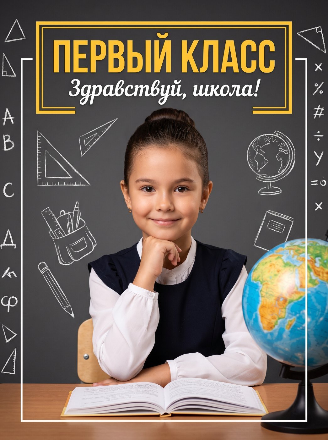 Первоклассник с портфелем в школьном классе — нейрофотосессия для мальчика